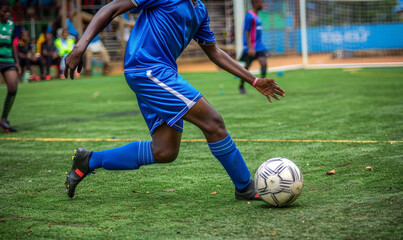 Obraz premium A black soccer player kicks a ball on the grassy field during an outdoor game, surrounded by their team and sporting equipment