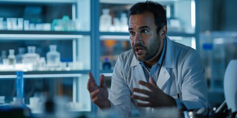 Obraz premium An intense male scientist discussing in a dimly lit laboratory at night