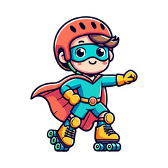cute child hero playing roller skating icon character