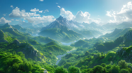 Majestic Mountain Landscape with Lush Green Forests and Bright Sky 