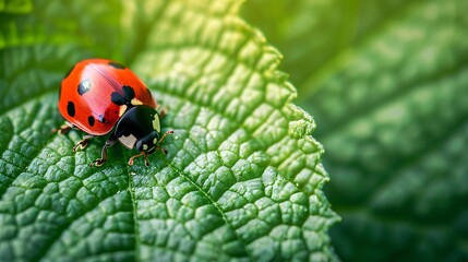 Fototapeta premium Detailed close-up of a ladybug perched on a fresh green leaf, highlighting the vibrant red shell with black spots and the fine textures of the leaf surface