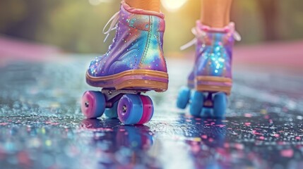 A pair of pink and purple roller skates with a purple boot and pink wheels. The skates are being worn by a person with pink shoelaces.