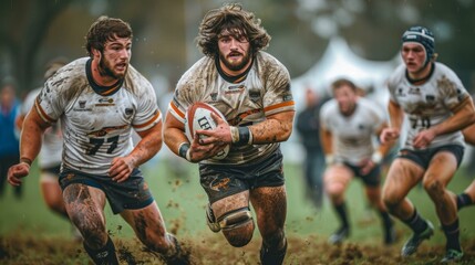 Two men are running with a rugby ball in a muddy field, both wearing white shirts and black shorts. They are both covered in mud, indicating a tough game of rugby.