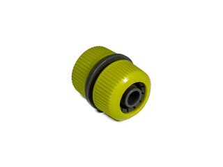 Plastic quick hose mender. Garden watering hose connector isolated on a white background. Convenient connection without water leakage, extending and repairing water pipe