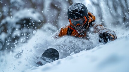 A snowboarder wearing an orange and black jacket is riding down a snowy hill. The snow is flying around him as he descends the slope.