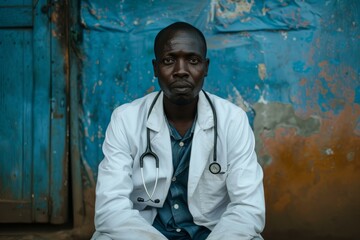 Obraz premium Confident african doctor in a white coat sitting outside, blue rustic background