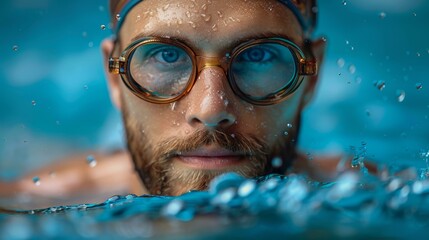 Fototapeta premium A man with a beard and glasses is swimming in the water, wearing goggles and a swim cap. He is looking at the camera with a determined expression.