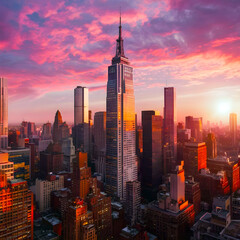 Fototapeta premium View of Modern Skyscrapers in New York City at Sunset.