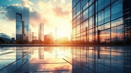 Modern office building or business center. High-rise window buildings made of glass reflect the clouds and the sunlight. empty street outside  wall modernity civilization. growing up business