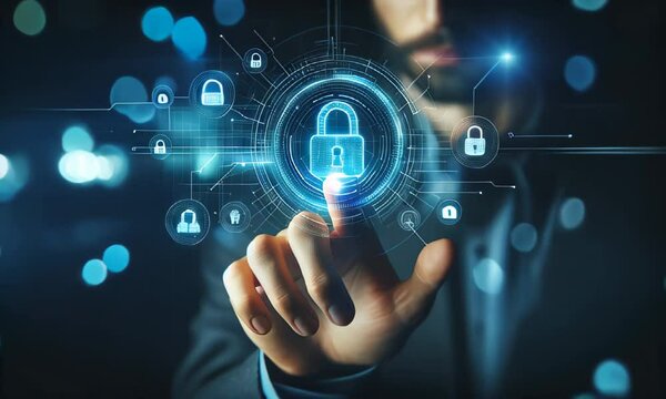 Businessman touch network using padlock icon technology with virtual screen icons, Business Technology Privacy concept, Internet Concept of global business. cybersecurity and data protection