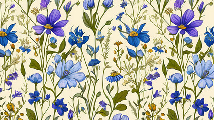 Spring Flowers in Grass: Seamless Vintage Floral Pattern Illustration Background