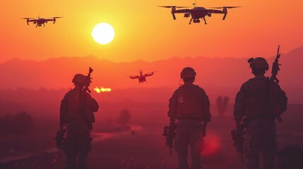 Fototapeta premium Soldiers conducting military sunset mission utilizing drone for strategic operation during twilight