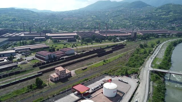 Drone shot of Freight train yard of Zenica, Zeljezara, Bosnia