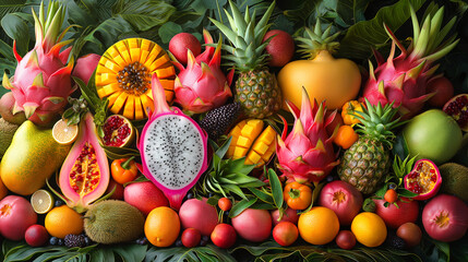 A vibrant display of exotic fruits, featuring dragon fruit, papaya, pineapple, mangosteen and...