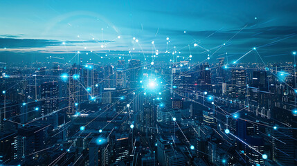 Obraz premium future telecommunication technology innovation banner, abstract imaginative future technological city buildings interconnected with virtual wireless grid with 3d city with high-rise buildings