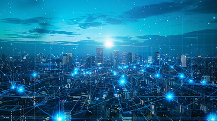 Obraz premium future telecommunication technology innovation banner, abstract imaginative future technological city buildings interconnected with virtual wireless grid with 3d city with high-rise buildings