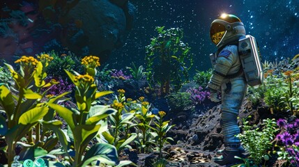 Astronaut engaged in illegal farming on a lush, colorful extraterrestrial terrain, highlighting the criminal concept in a sci-fi setting.