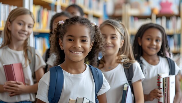 Happy multiethnic children smiling in the library, holding bookends and looking at the camera