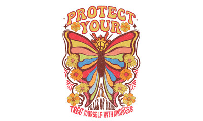 Protect your peace of mind. Butterfly with flower artwork for t shirt print, poster, sticker, background and other uses. Spring flower. Rainbow butterfly artwork.