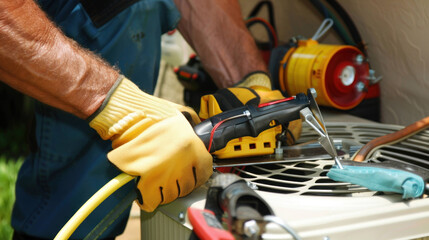 Skilled Technician Repairing Air Conditioning Unit with Tools at Workbench