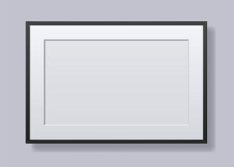 Horizontal black photo frame with white passepartout on wall. Vector realistic template illustration