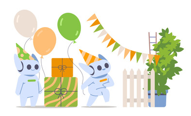 Two cute robots with birthday cone hats and presents. Flat vector illustration on isolated background