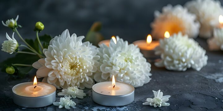 Condolence card with white chrysanthemums and flickering candles on grey background. Concept Condolence Card Design, White Chrysanthemums, Flickering Candles, Grey Background