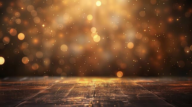 Panoramic banner with a dark brown background, stage lights, and bokeh effects for a warm product display