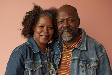 Fototapeta premium Portrait of a joyful afro-american couple in their 40s sporting a rugged denim jacket while standing against pastel or soft colors background