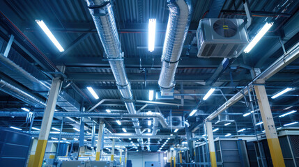 Fototapeta premium Efficient Industrial Air Conditioning System in a Spacious Warehouse for Climate Control Solutions