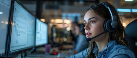 Professional call center environment with a female agent multitasking with a headset