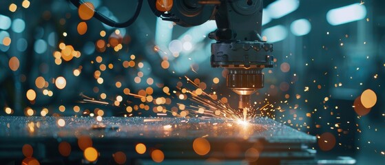 Robotic arm using laser technology to cut materials, sparks flying, in a smart factory