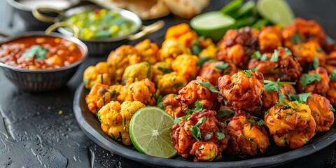 Plate of assorted vegetable pakoras from a side angle. Concept Food Photography, Vegetable Pakoras, Side Angle Shot, Assorted Snacks, Indian Cuisine