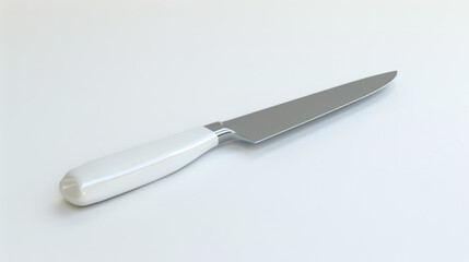 A sleek white kitchen knife displayed on a plain background, emphasizing its design and utility for culinary purposes.