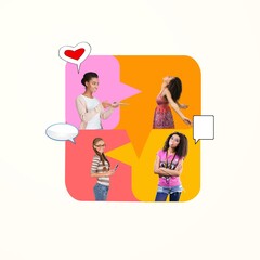 Creative abstract collage of cheerful people communicate online