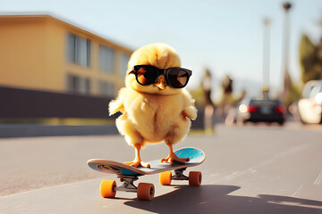 A cute chick riding a skateboard with sunglasses on