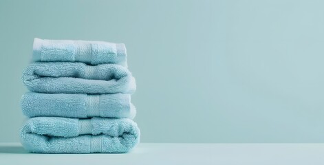 A pile of light blue towels on a table against a pastel background with copy space, a banner design.
