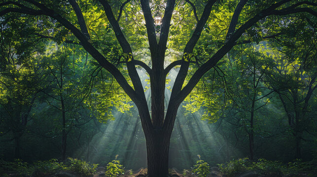 Summer forest tree leafs daylight light beam reflect behide the beautiful big tree