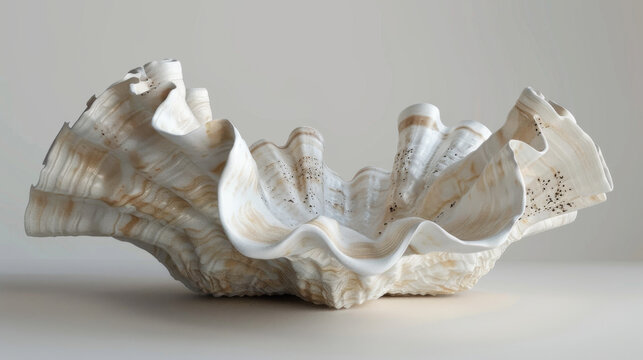 A large, intricately textured white clam shell displayed on a gray background, highlighting its natural beauty.