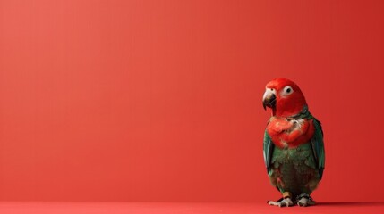 Fototapeta premium A cute parrot sitting on a solid red background with space above for text
