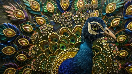 Capture the regal elegance of a peacock with a captivating stock photo showcasing a handmade portrait in full body view, intricately embellished with a stunning rhinestone pattern. © Wattana