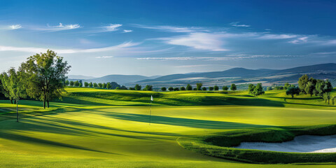 Picturesque golf course with rolling green hills, surrounded by scenic landscapes and distant mountains under a clear blue sky, perfect for leisure and outdoor activities..