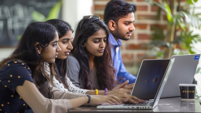 A close-up of a group of young Indian businesspeople collaborating and looking at a laptop screen at a table. Ai generated image