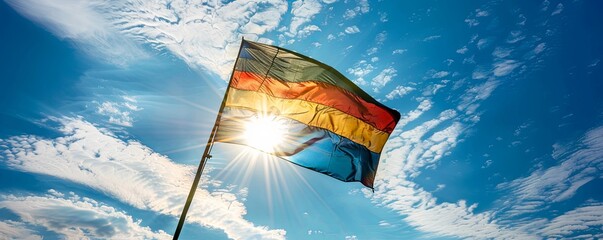 Republic of Congo flag fluttering against a bright, blue sky