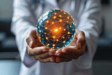 Doctor holding virtual globe with healthcare network connection Science and medical innovation technology develop sustainable smart services and solutions in global research and development