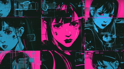 Cool grunge neon blue and pink y2k anime girl manga with a negative photocopy effect. retrowave vintage design