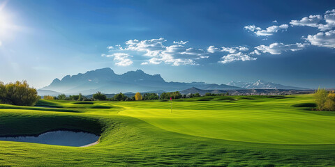 Picturesque golf course with rolling green hills, surrounded by scenic landscapes and distant mountains under a clear blue sky, perfect for leisure and outdoor activities..