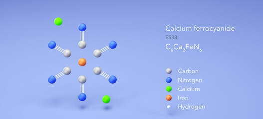 calcium ferrocyanide molecule, molecular structure, e538, 3d model, Structural Chemical Formula and Atoms with Color Coding