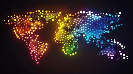 Create a visually striking stock photo featuring a world map vector composed of colorful dots and points, representing global connectivity and diversity. 