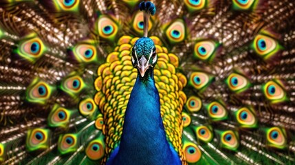 Fototapeta premium Dazzle with brilliance: Handcrafted peacock portrait featuring an opulent display of colorful rhinestones and shimmering diamonds.